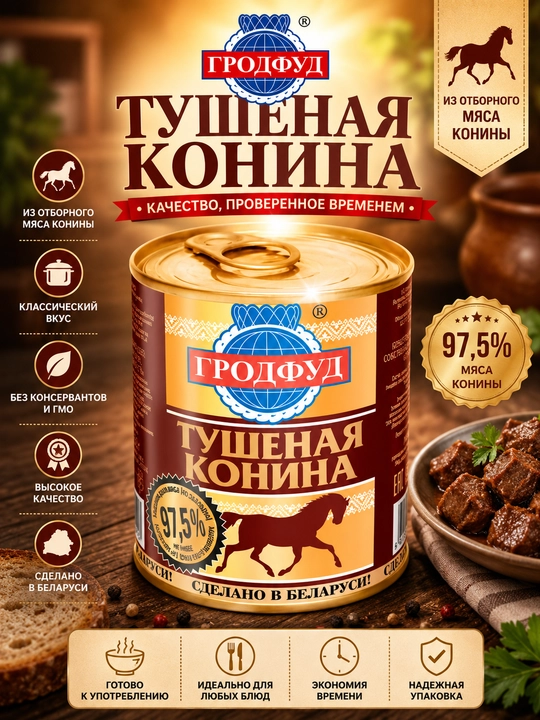 Тушёнка Grodfood, из конины, 338 г - 