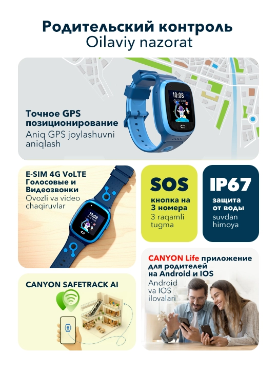 Детские умные часы Canyon Zefir KW 49, E SIM, 4G LTE,GPS и видеозвонки