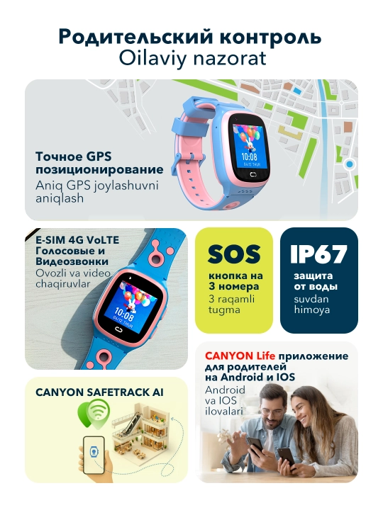 Детские умные часы Canyon Zefir KW 49, E SIM, 4G LTE,GPS и видеозвонки