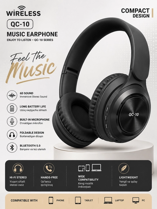 QC-10 Wireless Bluetooth quloqchin, 6D stereo ovozli simsiz naushnik - 