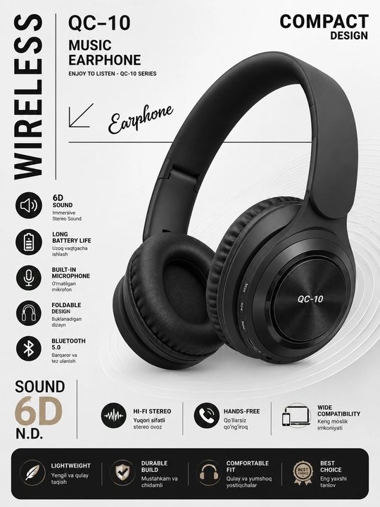 QC-10 Wireless Bluetooth наушники с 6D cтереозвуком