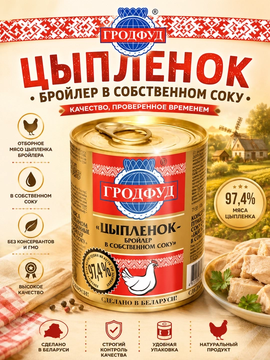 Grodfood tovuq go‘shtidan tushonka, 350 g - 