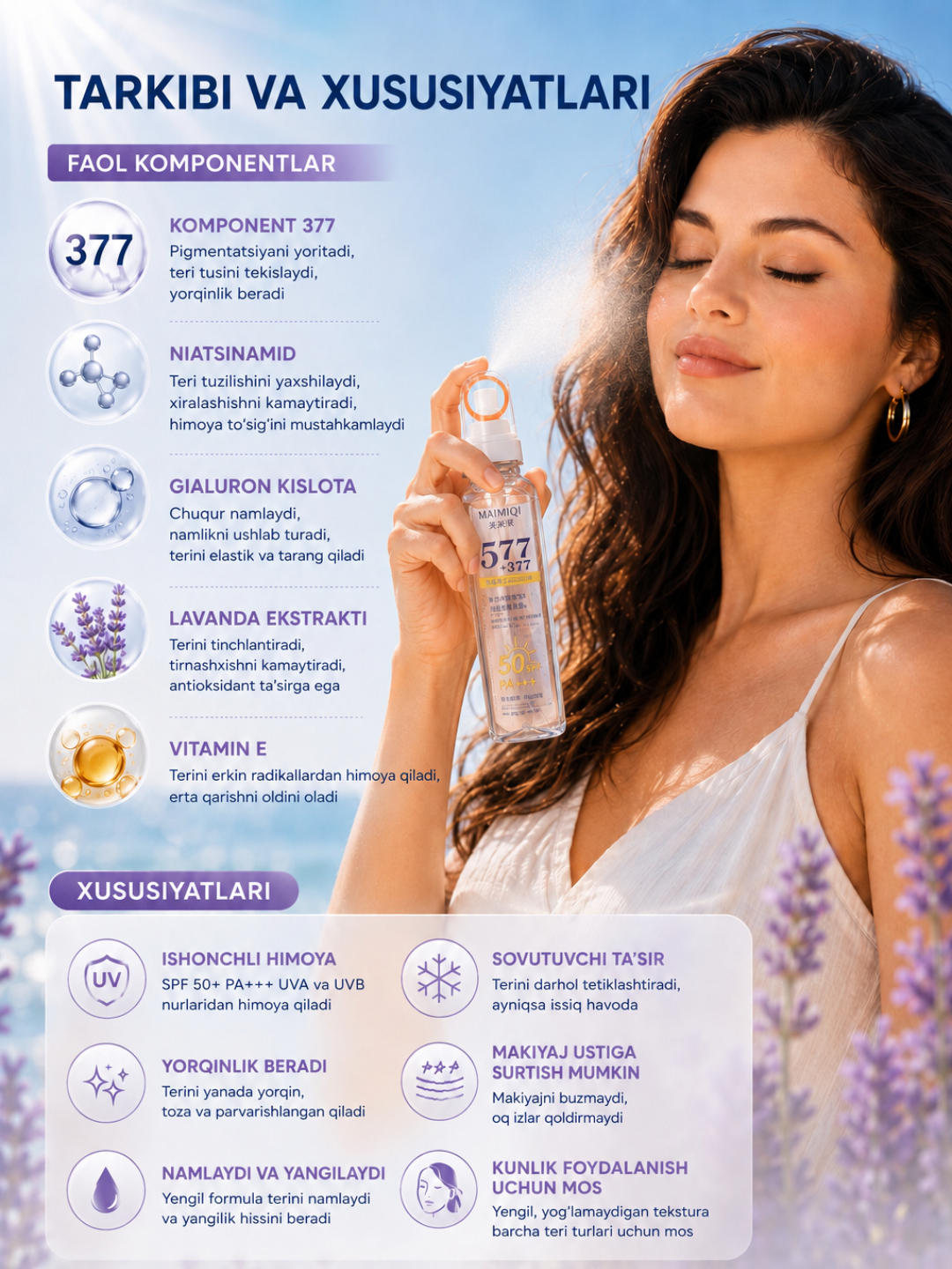Солнцезащитный спрей MAIMIQI SPF 50 PA+++ для лица и тела, 90 мл