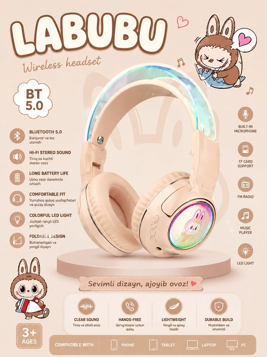 LABUBU bolalar simsiz Bluetooth quloqchini RGB LED, mikrofonli headphone - 