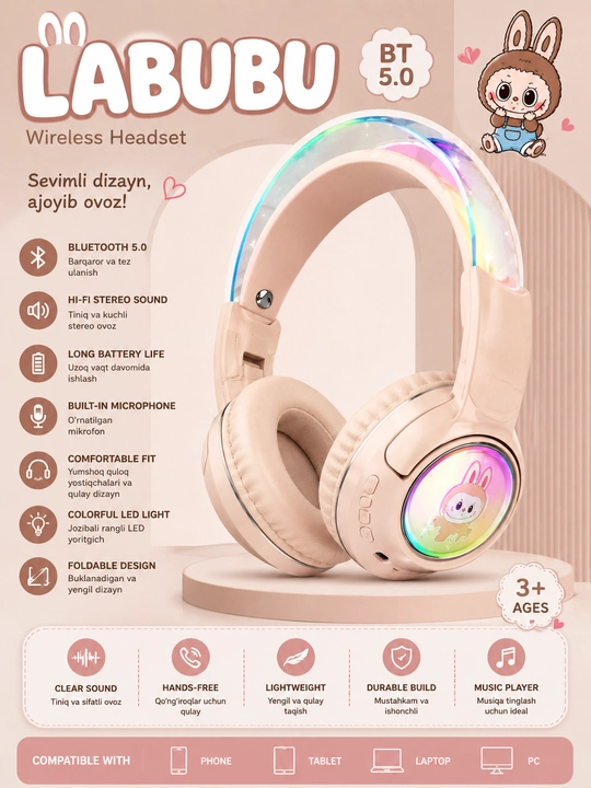 LABUBU bolalar simsiz Bluetooth quloqchini RGB LED, mikrofonli headphone
