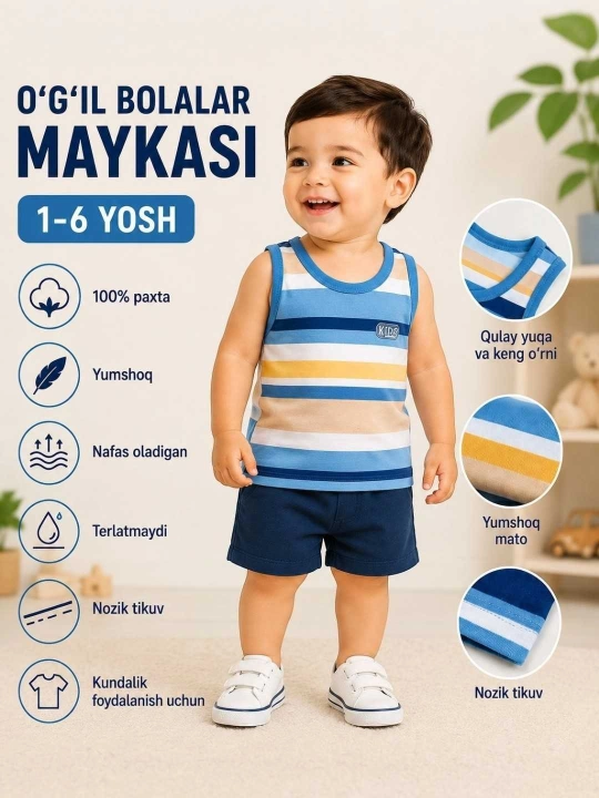 O‘g‘il bolalar uchun chiziqli mayka, 2–6 yosh, paxtalik mayka, futbolka - 