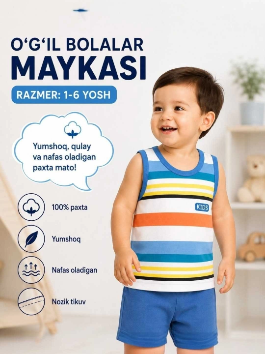 O‘g‘il bolalar uchun chiziqli mayka, 2–6 yosh, paxtalik mayka, futbolka - 