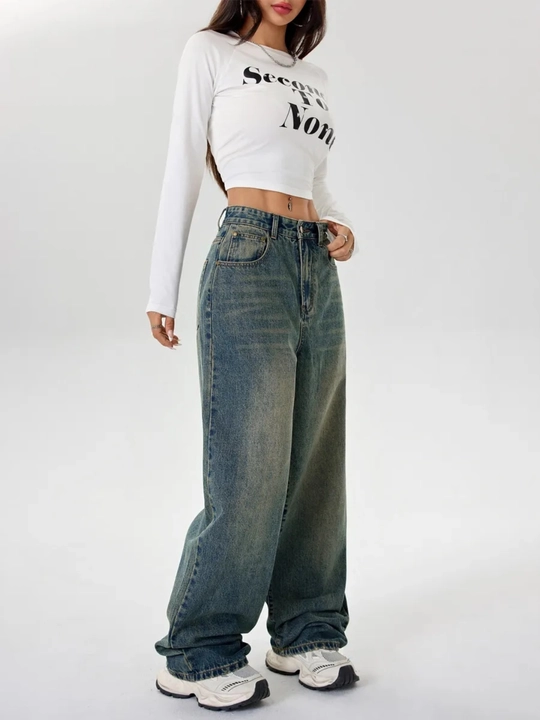 Ayollar jinsi baggy Y2K, oversize keng shim, yuqori bel, erkin kesim, paxta jinsi
