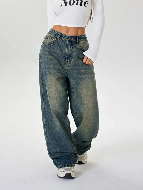 Ayollar jinsi baggy Y2K, oversize keng shim, yuqori bel, erkin kesim, paxta jinsi