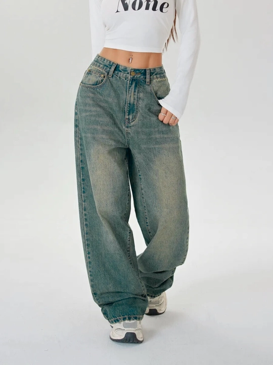 Ayollar jinsi baggy Y2K, oversize keng shim, yuqori bel, erkin kesim, paxta jinsi - 