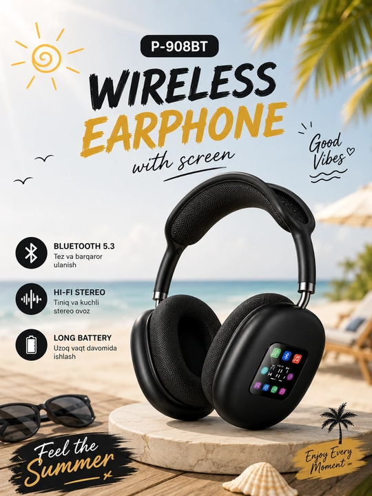 P-908BT Smart Screen Wireless Headphone Bluetooth Quloqchin Hi-Fi Stereo - 