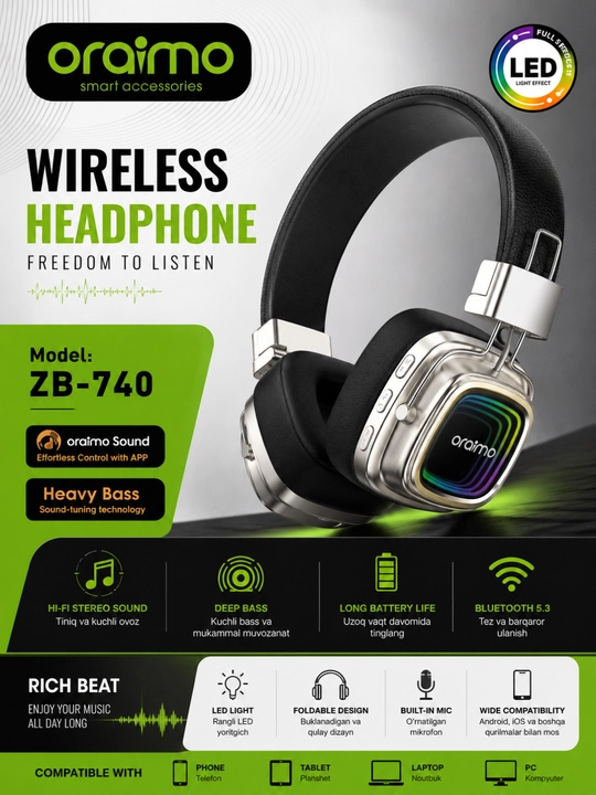 Oraimo ZB-740 Беспроводные Bluetooth Наушники RGB LED Hi-Fi Stereo - 