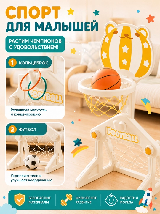 Детский игровой комплекс, с горкой, качелями и баскетболом, до 50 кг