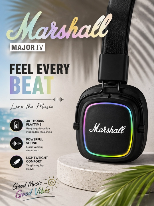 Marshall Major IV Беспроводные Bluetooth Наушники RGB LED, 30+ Часов Работы