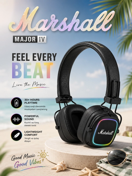 Marshall Major IV Беспроводные Bluetooth Наушники RGB LED, 30+ Часов Работы - 