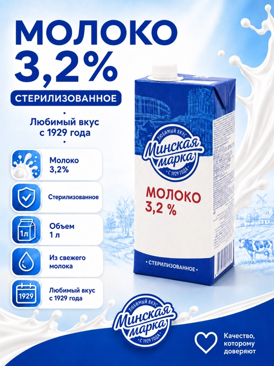"Minskaya marka" ichimlik suti, pasterizatsiyalangan, 3,2%, 1 litr - 