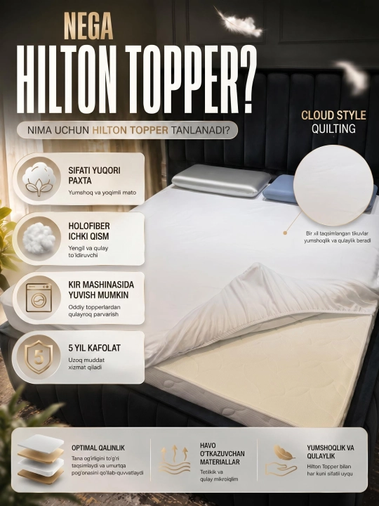 Premium Hilton Topper — Besh yulduzli mehmonxona komforti sizning uyingizda