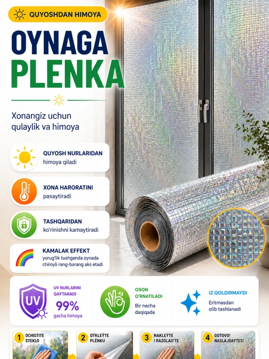 Derazalar uchun quyoshdan himoya qiluvchi dekorativ plyonka, yelmsiz, oynaga plyonka - 