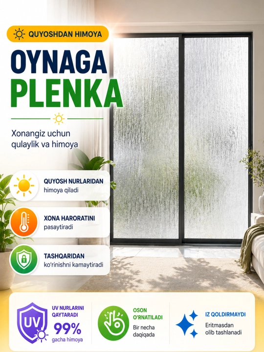 Derazalar uchun quyoshdan himoya qiluvchi dekorativ plyonka, yelmsiz, oynaga plyonka