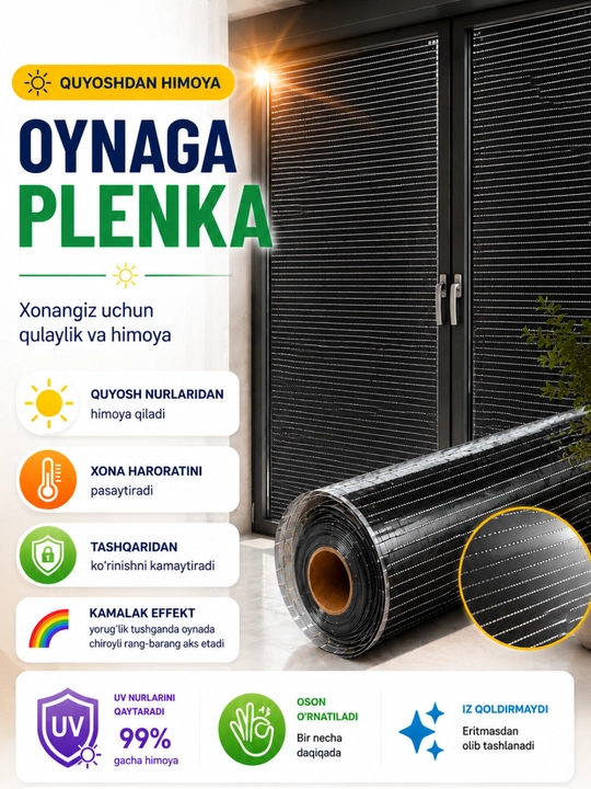 Derazalar uchun quyoshdan himoya qiluvchi dekorativ plyonka, yelmsiz, oynaga plyonka - 