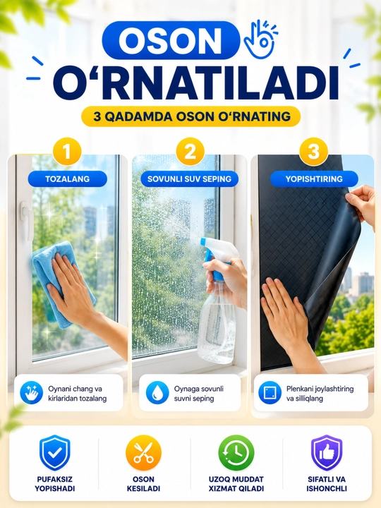 Derazalar uchun quyoshdan himoya qiluvchi dekorativ plyonka, yelmsiz, oynaga plyonka