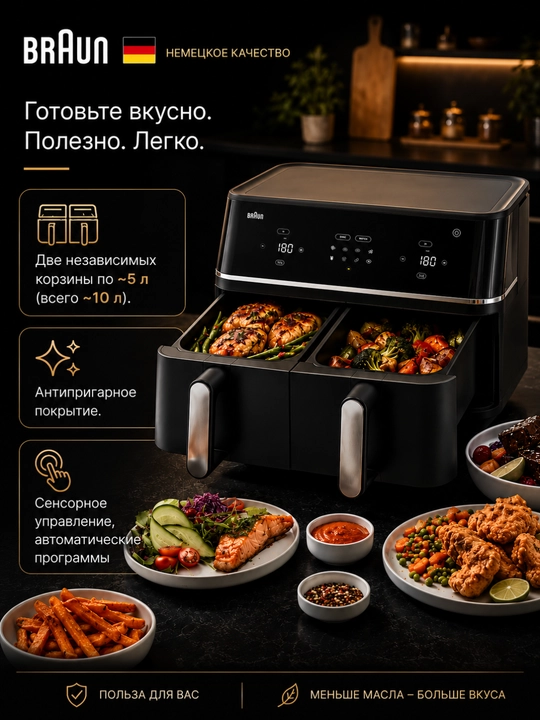 Аэрогриль BRAUN TD5030IBK TwinCook 5 — двухкамерный для здоровой и быстрой готовки