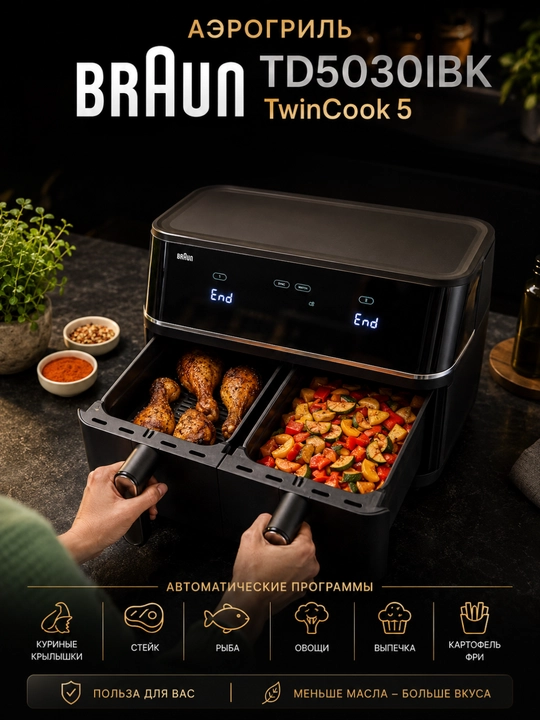 Аэрогриль BRAUN TD5030IBK TwinCook 5 — двухкамерный для здоровой и быстрой готовки