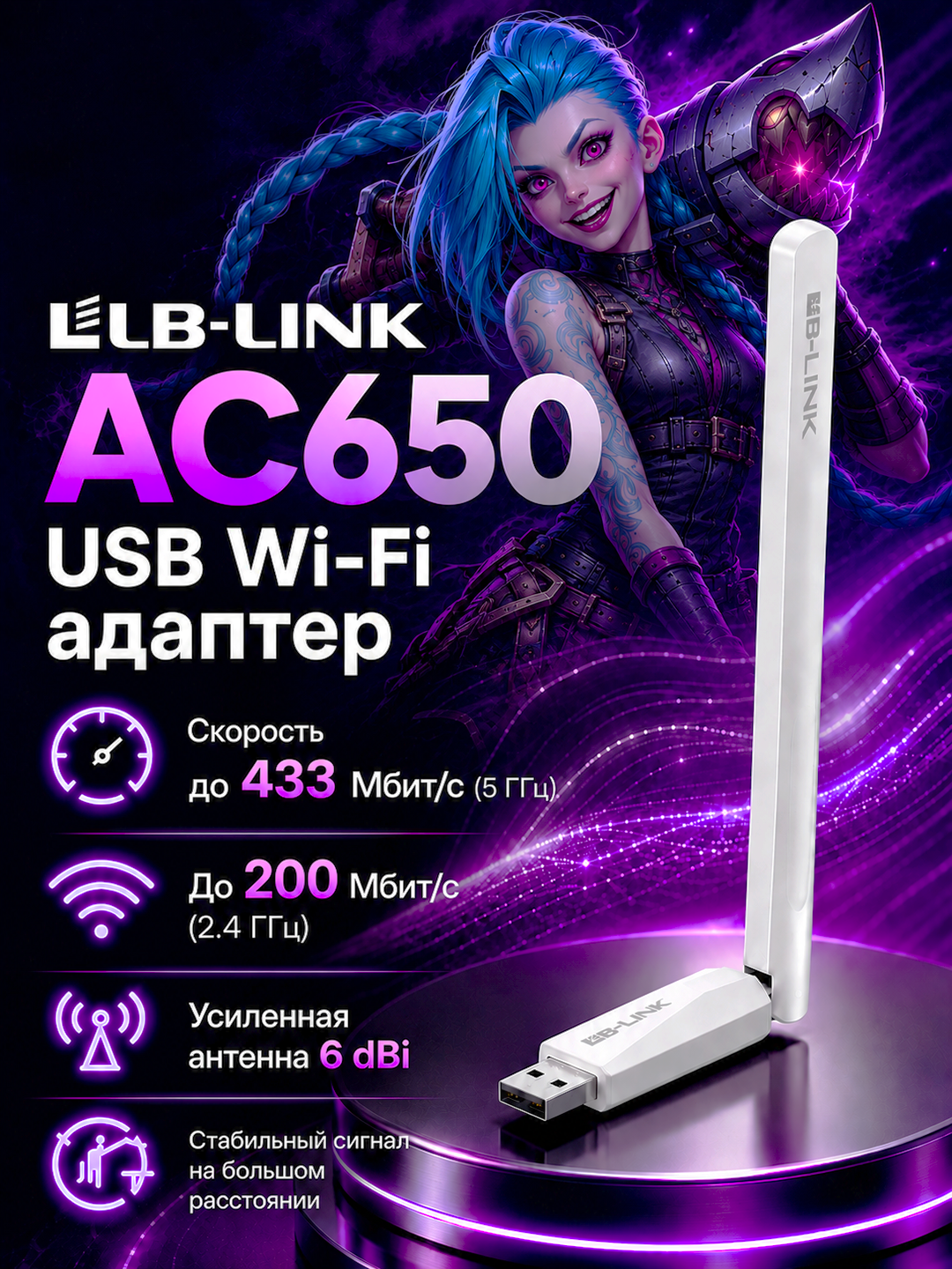 WiFi Adapter USB AC650M LB-LINK 5G va 2.4G Kompyuter uchun - 