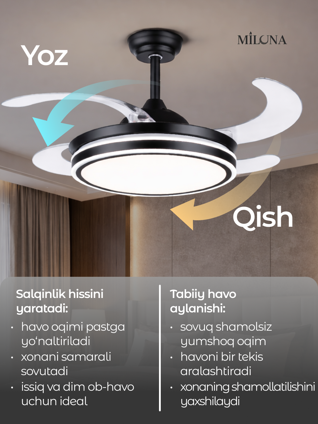 Люстра с вентилятором потолочная подвесная LED, 3 режима света, 6 скоростей вентилятора