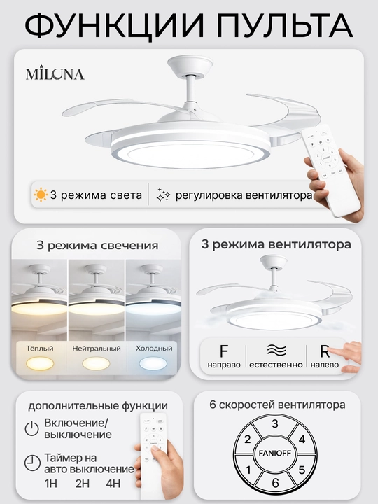 Люстра с вентилятором потолочная подвесная LED, 3 режима света, 6 скоростей вентилятора