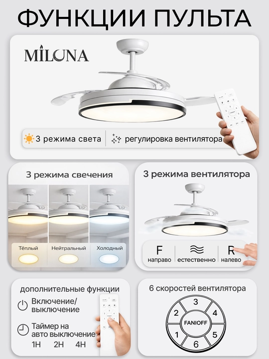 Люстра с вентилятором потолочная подвесная LED, 3 режима света, 6 скоростей вентилятора