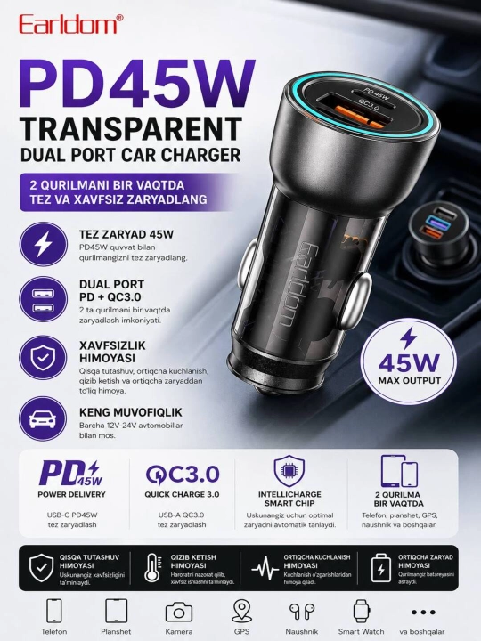 Earldom CC46 46W avtomobil zaryadlovchisi, USB-C PD + USB-A QC3.0, tezkor zaryadlash, 2 - 