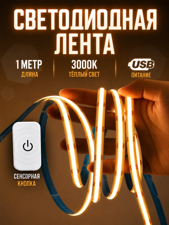 Sensor tugmali COB USB LED lenta – 5V, oq-limon rang - 