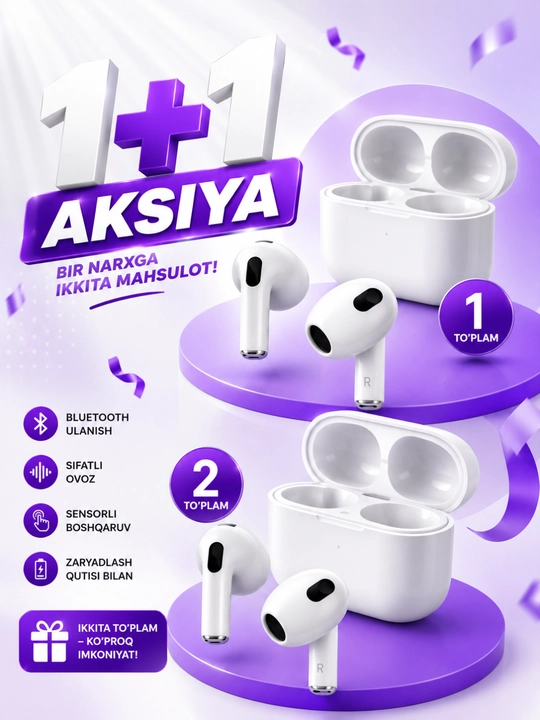 Simsiz Bluetooth Quloqchin, TWS Naushnik, Oq va Qora Rang, 1+1 Aksiya