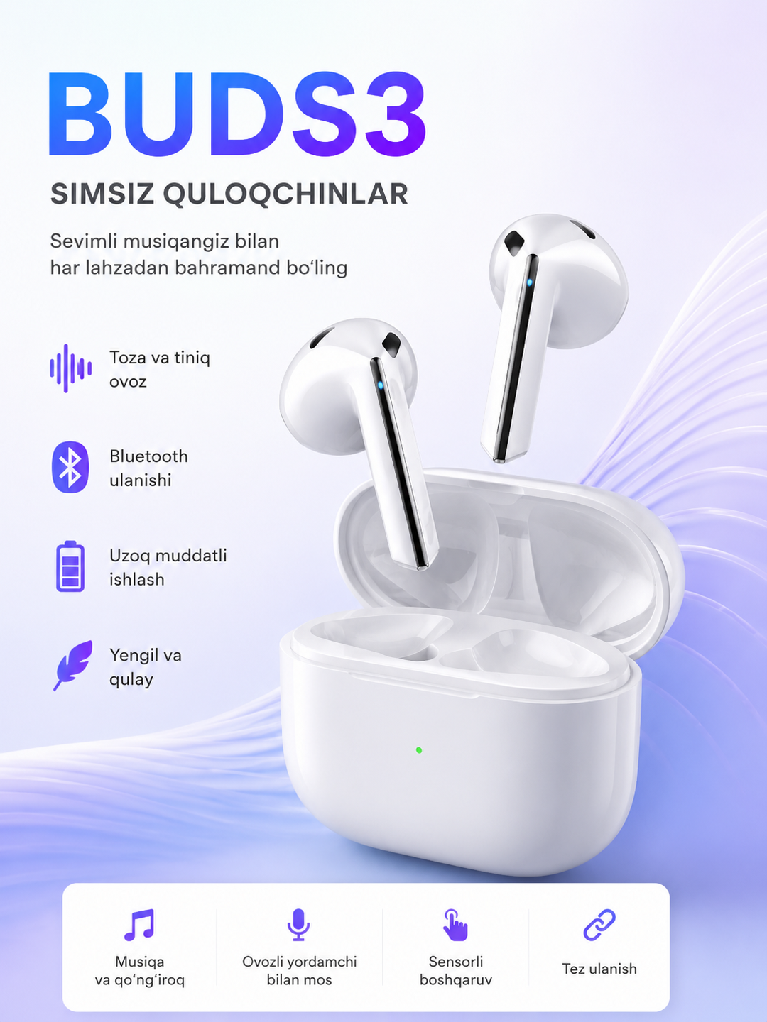 Simsiz quloqchin Buds 3 , silver simsiz quloqchinlari - 