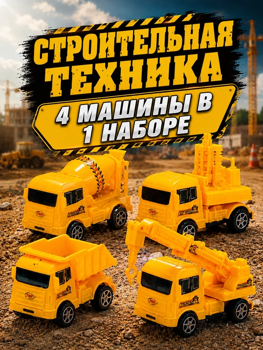 Набор строительной техники, 4 в 1, кран, самосвал, бетономешалка для детей