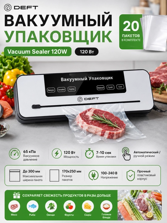 DEFT Vacuum Sealer ,elektron boshqaruvli,qizib ketishdan himoyalangan,120 Vt - 