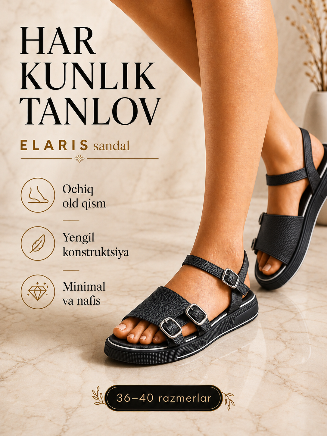 Ayollar va qizlar uchun sandalilar, 36-40 o'lcham, bahor-yoz-kuz, qulay, Temp Store 2025