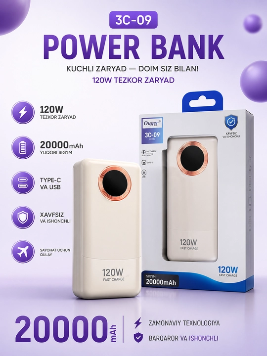 Power Bank tashqi akkumulyator, 10000mAh, 20000mAh, 30000mAh tezkor quvvatlash - 