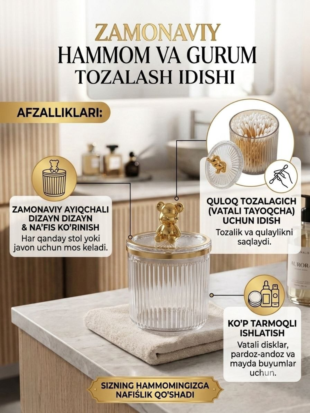 Shisha idish – oltin rangli qopqoq bilan  - 