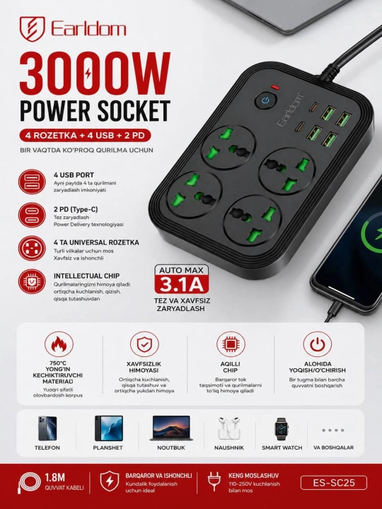 Earldom ES-SC25 3000W tarmoq filtri, 4 ta rozetka, 4 USB, 2 Type-C PD, 1.8 metr - 