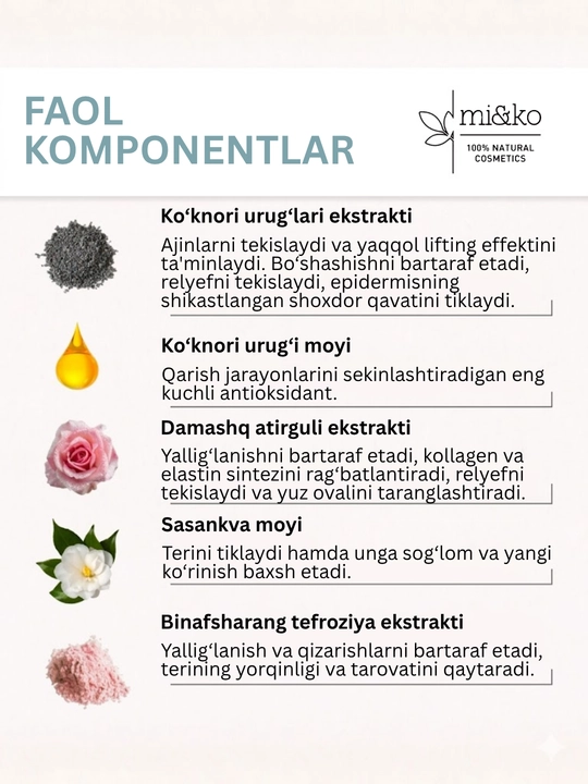 MI&KO kunduzgi va tungi kremi, ajinlarga qarshi, Anti-age, o'ta quruq teri uchun, 30 ml