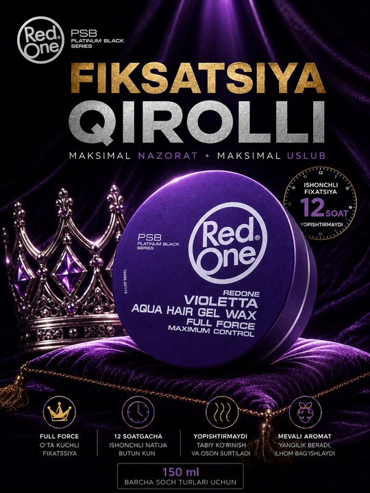 Red One Violetta Aqua Hair Gel Wax 150 мл — soch uchun jel mumi, Ultra kuchli fiksatsiya - 