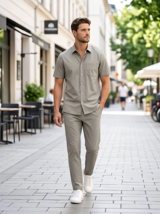 Мужской костюм, рубашка с коротким рукавом и брюки, casual стиль, двойка - 