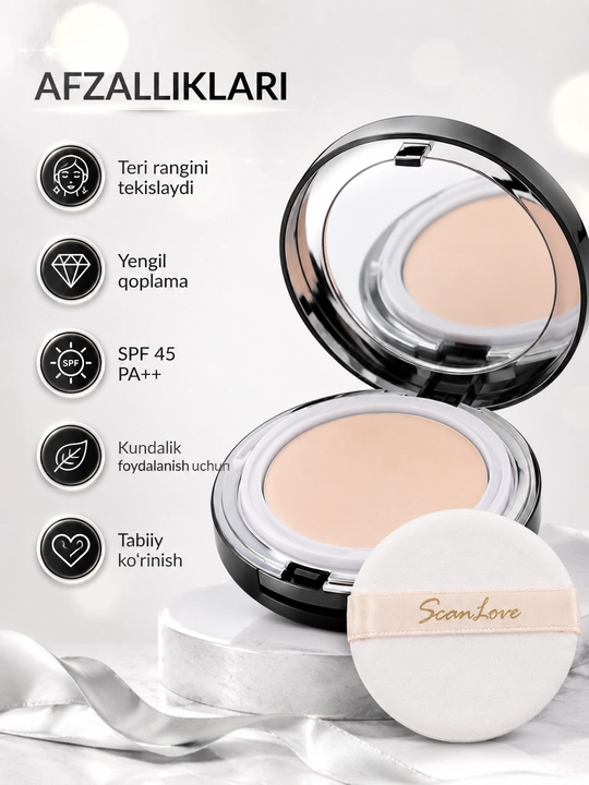 Leiya ScanLove BB Two Way Cake SPF45 PA++ kompakt pudra – mat effekt va tekis rang