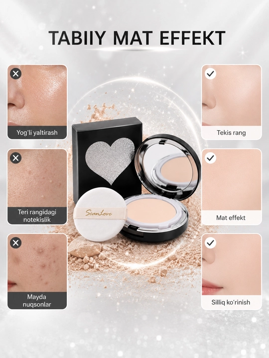 Leiya ScanLove BB Two Way Cake SPF45 PA++ kompakt pudra – mat effekt va tekis rang