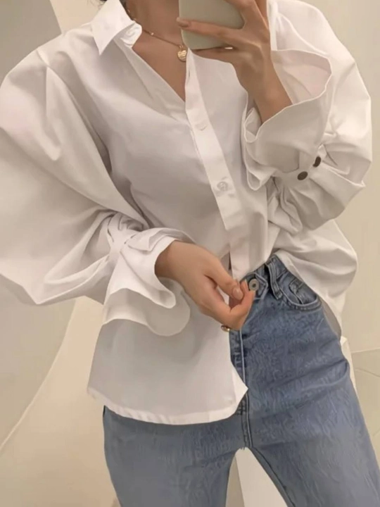 Ayollar uchun oq klassik bluzka, maktab va kundalik bluzka