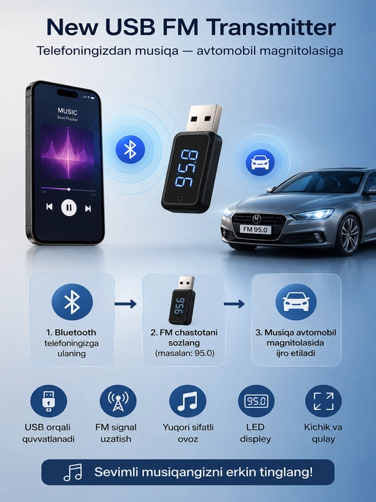 Bluetooth FM Transmitter, avtomobil adapteri, USB FM modulyator, LED displey - 