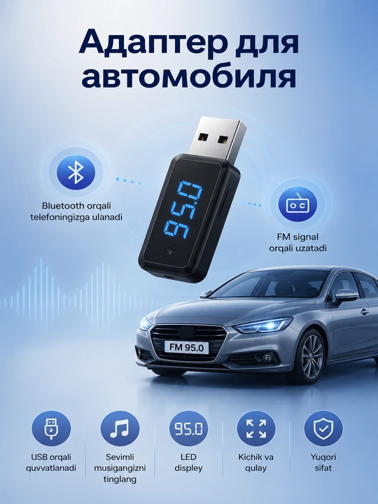 Bluetooth FM Transmitter, avtomobil adapteri, USB FM modulyator, LED displey