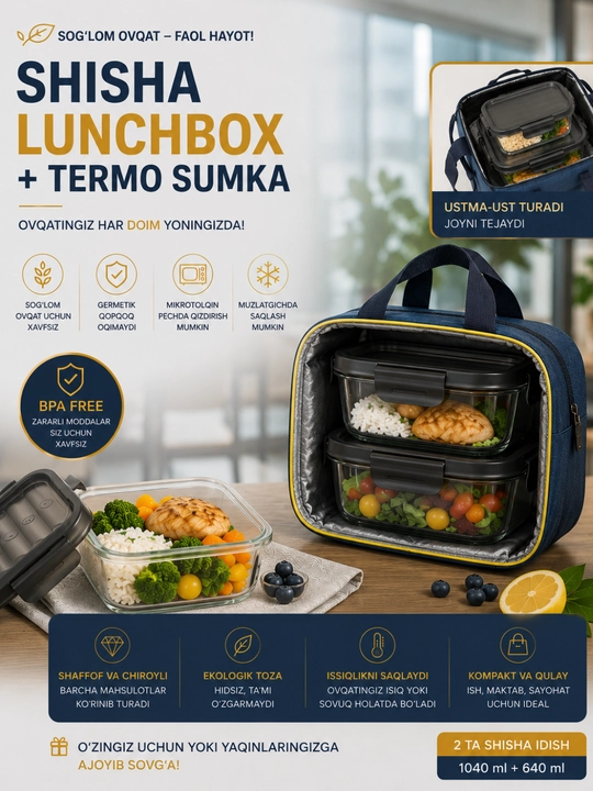 Ovqat uchun termos lunchboxlar 2 dona va termo sumka